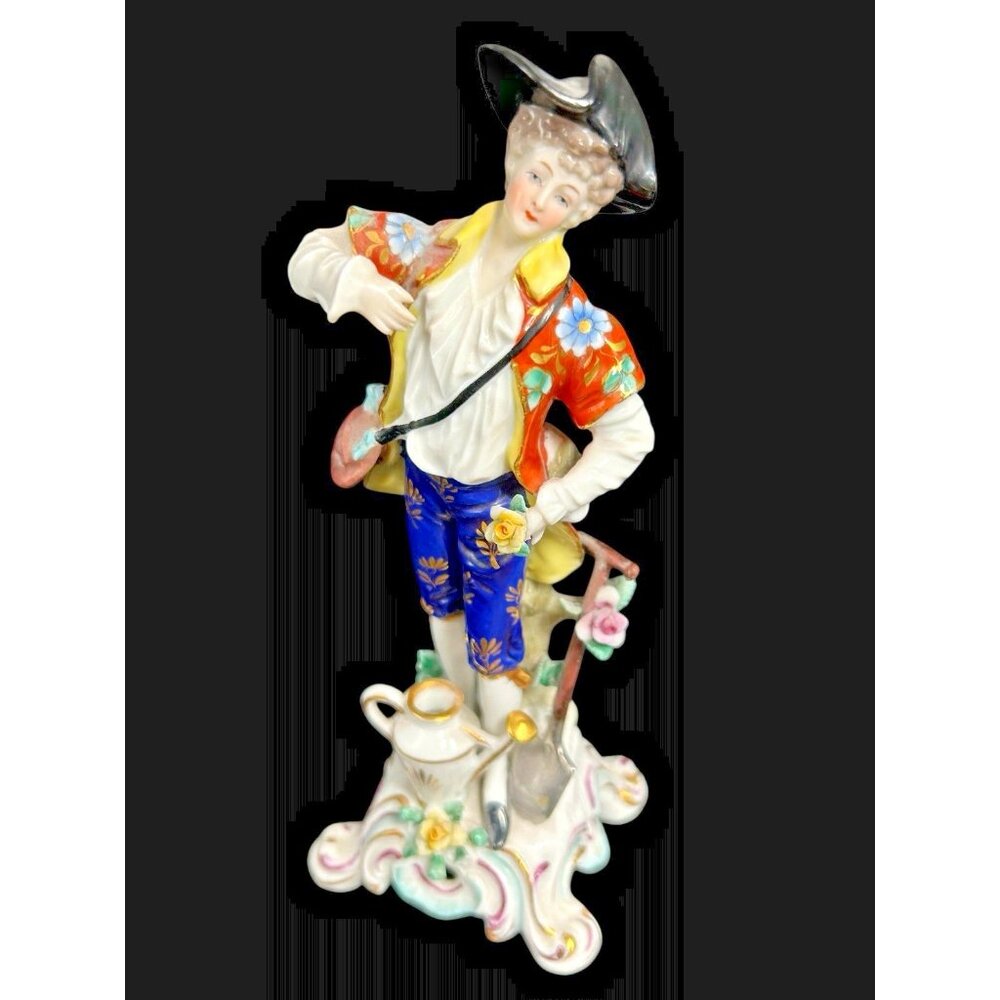 Antique Porcelain Figurine Chelsea Gold Anchor Mark Gardener Shovel Watering Can